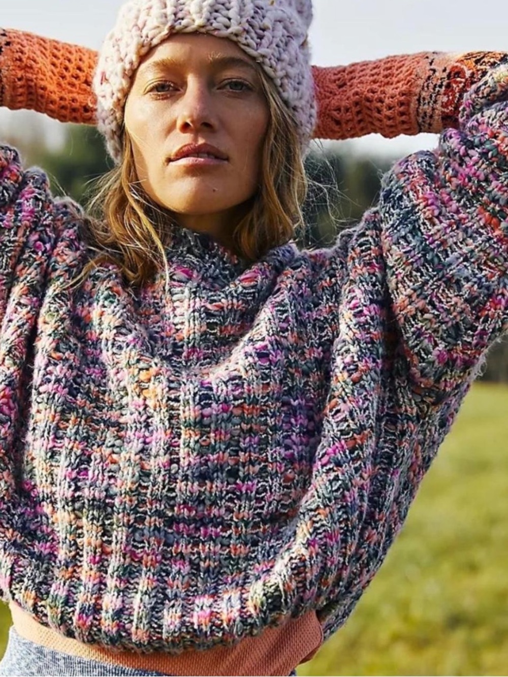 Free People Multicolor Chunky Turtleneck Sweater - Pink, Gray, Orange